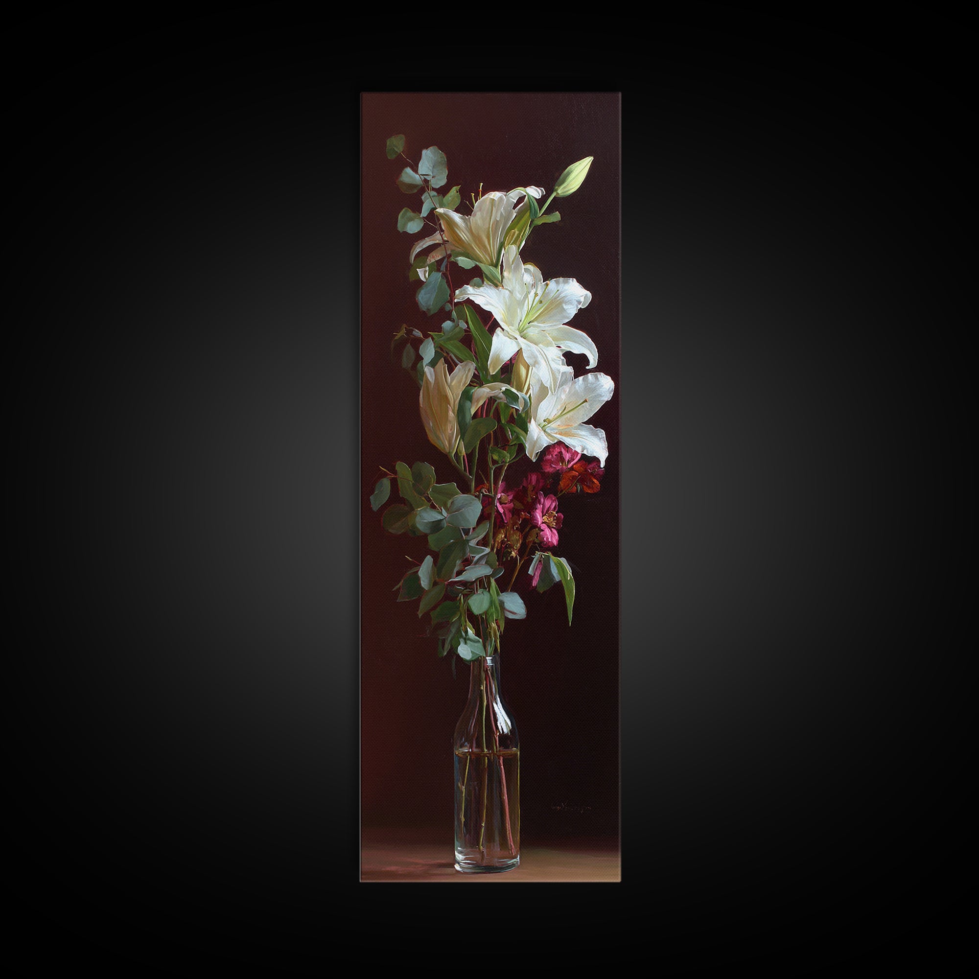 White Lilies and Eucalyptus Arrangement Framed Canvas Print, Wedding Art, Wedding Stationery, Living Room Decor, Oil Painting, WED-1x3-45