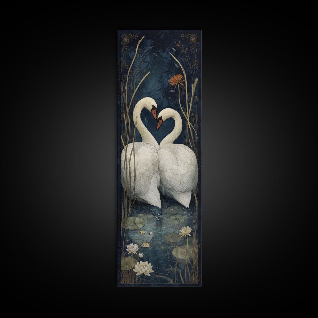 Two Swans Forming a Heart on Dark Framed Canvas Print, Wedding Art, Wedding Painting, Living Room Decor, Fine Art, Romance, WED-1x3-62