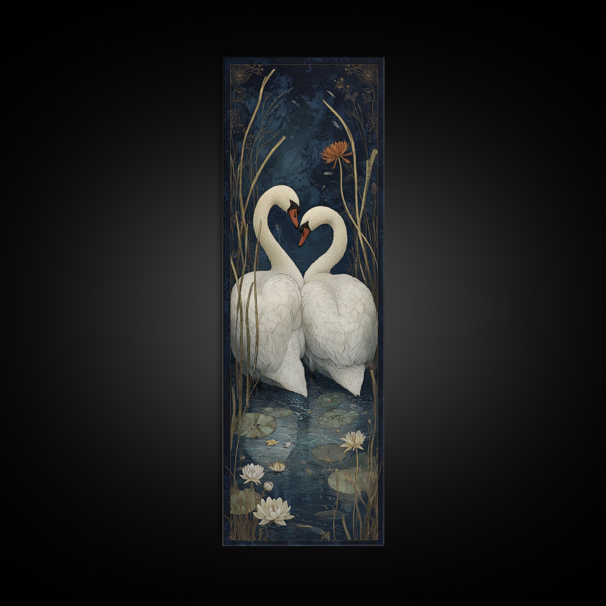 Two Swans Forming a Heart on Dark Framed Canvas Print, Wedding Art, Wedding Painting, Living Room Decor, Fine Art, Romance, WED-1x3-62