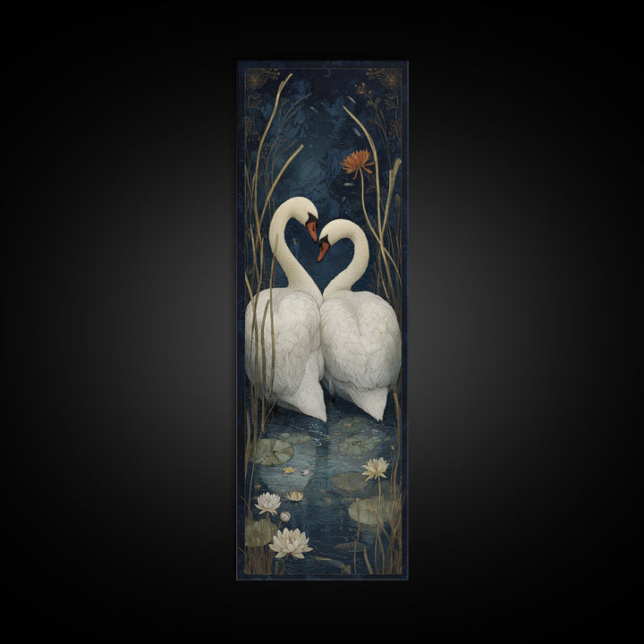 Two Swans Forming a Heart on Dark Framed Canvas Print, Wedding Art, Wedding Painting, Living Room Decor, Fine Art, Romance, WED-1x3-62
