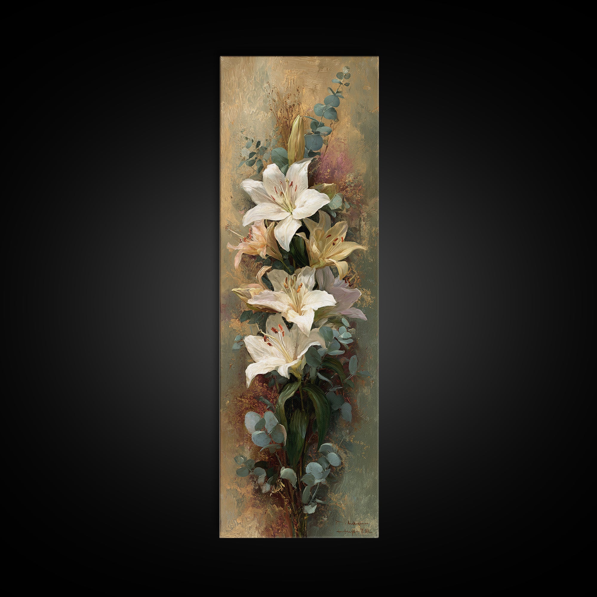 White Lilies and Eucalyptus Arrangement Framed Canvas Print, Wedding Art, Wedding Stationery, Living Room Decor, Oil Painting, WED-1x3-69