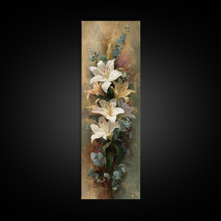 White Lilies and Eucalyptus Arrangement Framed Canvas Print, Wedding Art, Wedding Stationery, Living Room Decor, Oil Painting, WED-1x3-69