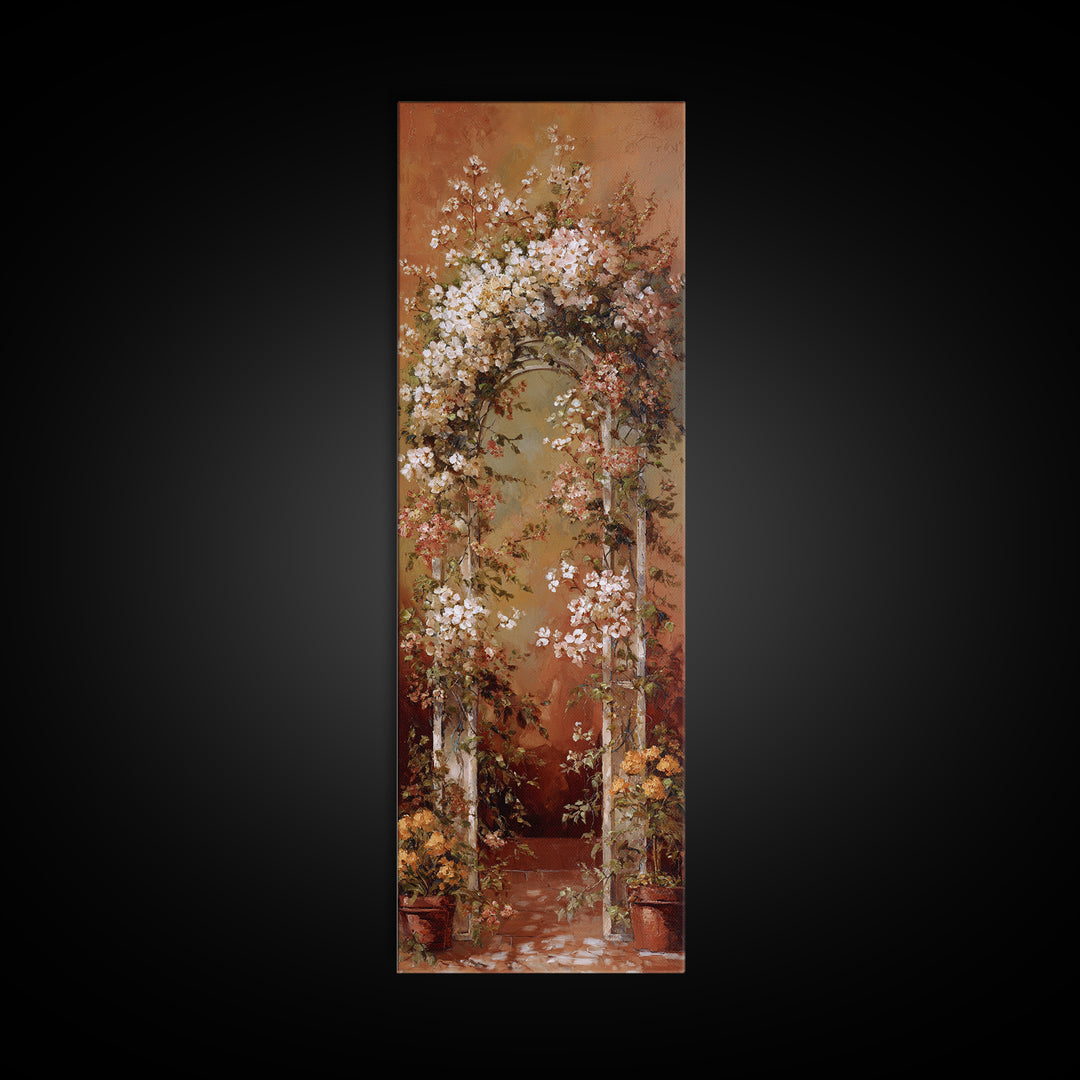 Romantic Garden Arch Covered Framed Canvas Print, Wedding Art, Wedding Reception, Living Room Decor, Watercolor Art, Romance, WED-1x3-70