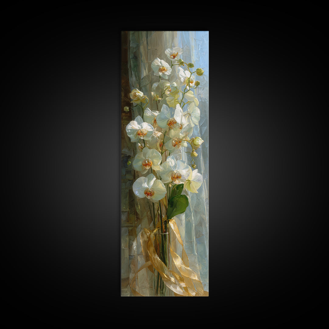 White Orchid and Gold Ribbon Composition Framed Canvas Print, Wedding Art, Art, Living Room Decor, Fine Art, Romance, WED-1x3-84