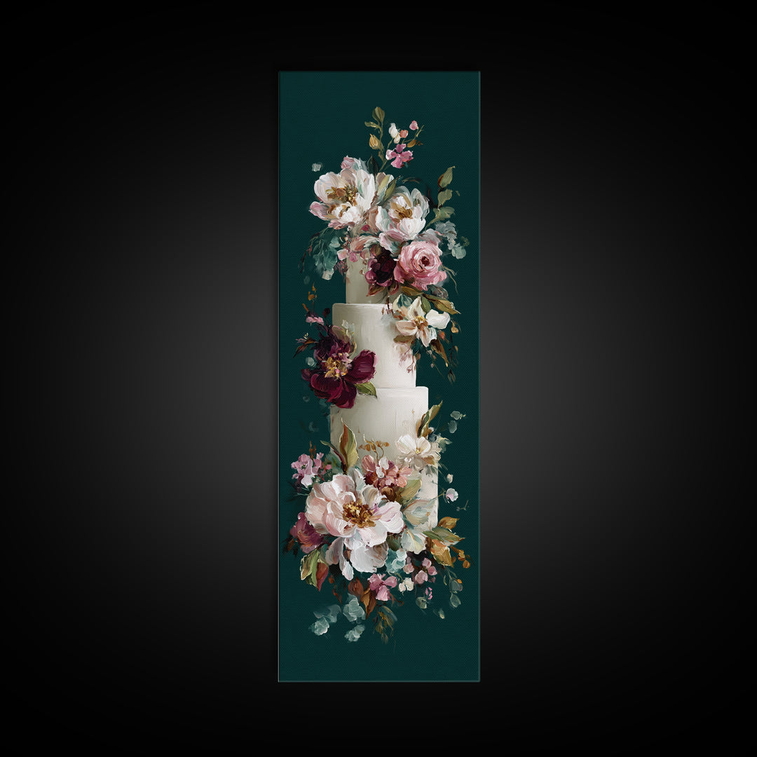 Wedding Cake with Flowers in Painterly Style Canvas Print, Wedding Art, Wedding Stationery, Living Room Decor, Romance, WED-1x3-98