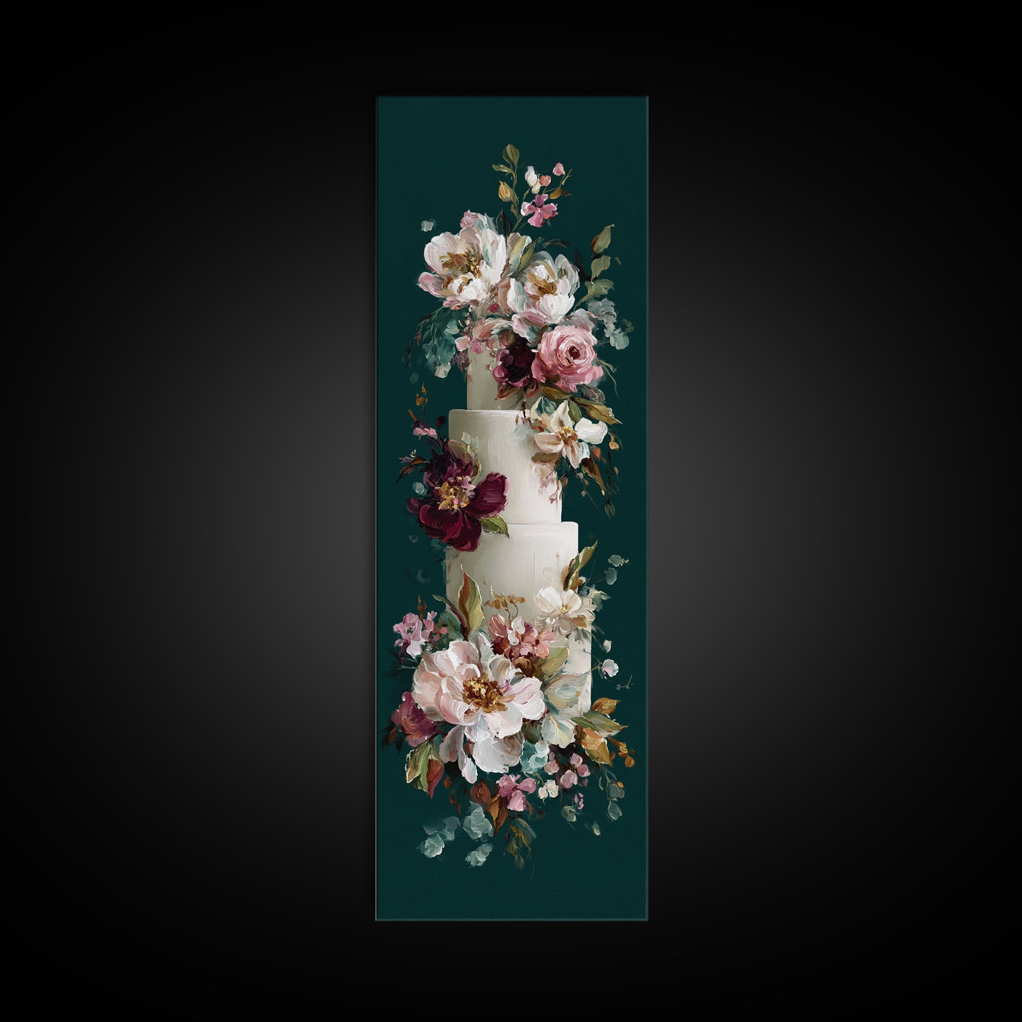 Wedding Cake with Flowers in Painterly Style Canvas Print, Wedding Art, Wedding Stationery, Living Room Decor, Romance, WED-1x3-98