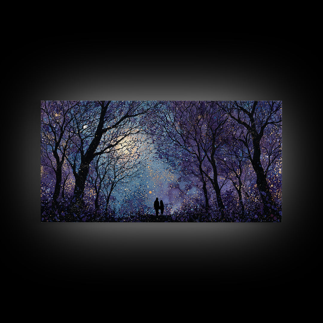 Couple Silhouette Beneath Moonlit Trees Framed Canvas Print, Wedding Art, Luxury Decor, Living Room Decor, Fine Art, Romance, WED-2x1-1