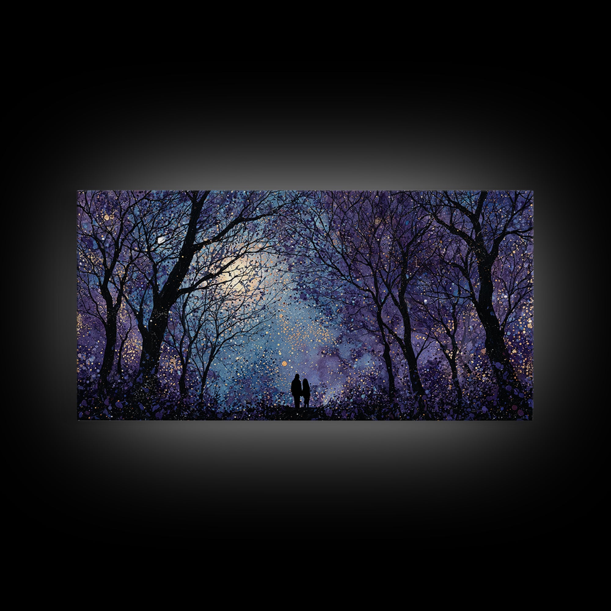 Couple Silhouette Beneath Moonlit Trees Framed Canvas Print, Wedding Art, Luxury Decor, Living Room Decor, Fine Art, Romance, WED-2x1-1