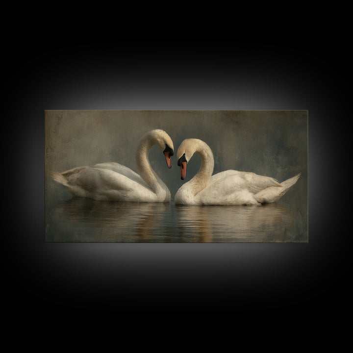 Two Swans Forming a Heart on Dark Canvas Print, Wedding Art, Gallery Decor, Living Room Decor, Fine Art, Romance, WED-2x1-22
