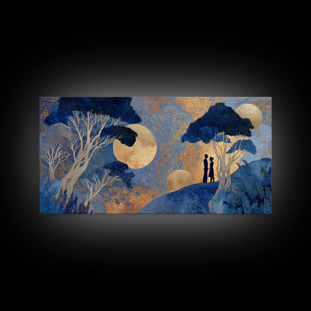 Couple Silhouette Beneath Moonlit Trees Framed Canvas Print, Wedding Art, Luxury Decor, Living Room Decor, Fine Art, Romance, WED-2x1-25