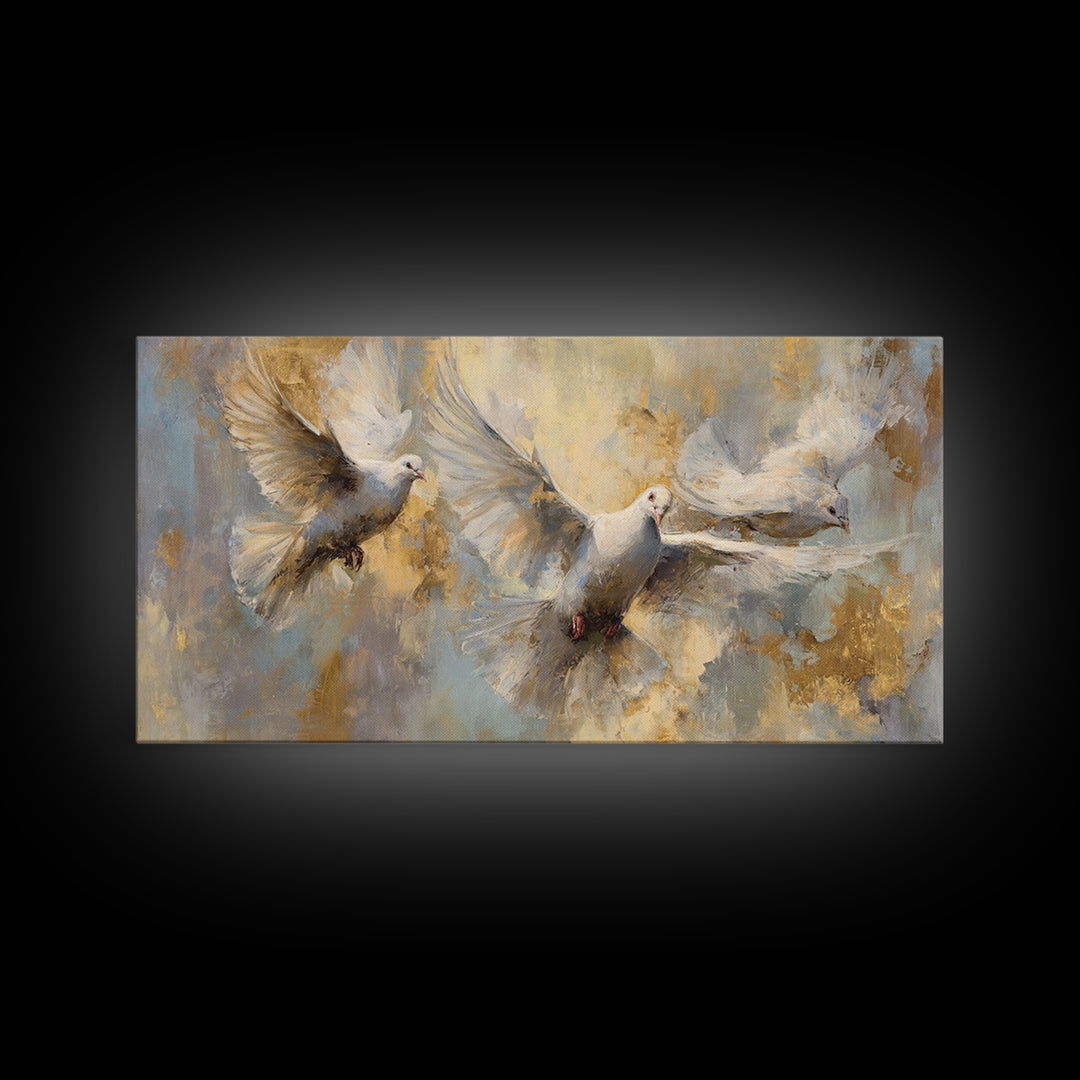 Doves Flying Through Soft Golden Light Canvas Print, Wedding Art, Art Print, Living Room Decor, Romance, Downloadable Art, WED-2x1-31