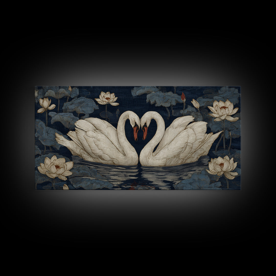 Two Swans Forming a Heart on Dark Framed Canvas Print, Wedding Art, Boho Decor, Living Room Decor, Fine Art, Romance, WED-2x1-46