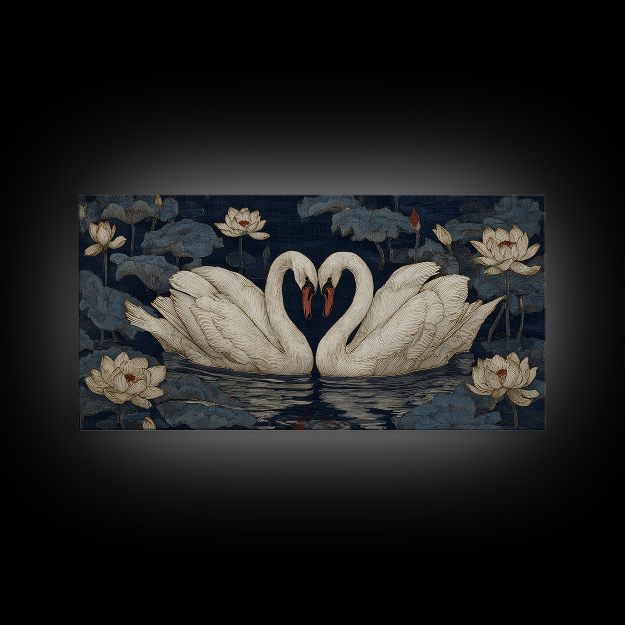 Two Swans Forming a Heart on Dark Framed Canvas Print, Wedding Art, Boho Decor, Living Room Decor, Fine Art, Romance, WED-2x1-46