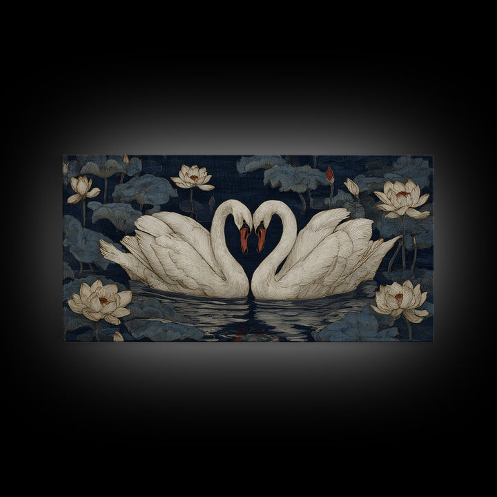 Two Swans Forming a Heart on Dark Framed Canvas Print, Wedding Art, Boho Decor, Living Room Decor, Fine Art, Romance, WED-2x1-46