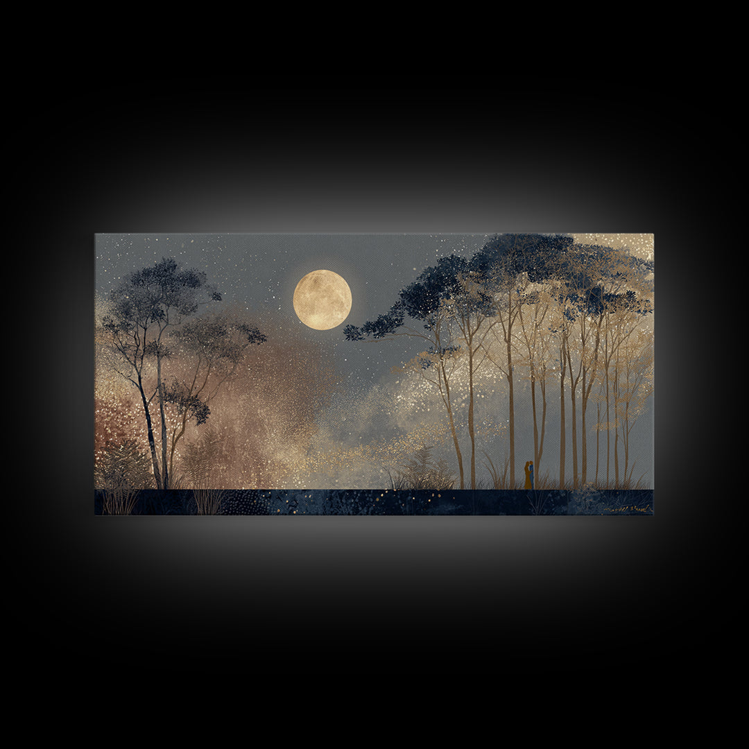 Couple Silhouette Beneath Moonlit Trees Canvas Print, Wedding Art, Art, Living Room Decor, Romance, Custom Wedding Gift, WED-2x1-49