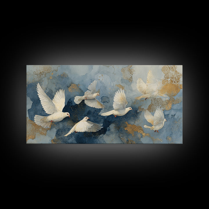 Doves Flying Through Soft Golden Light Framed Canvas Print, Wedding Art, Custom Painting, Living Room Decor, Fine Art, Romance, WED-2x1-55