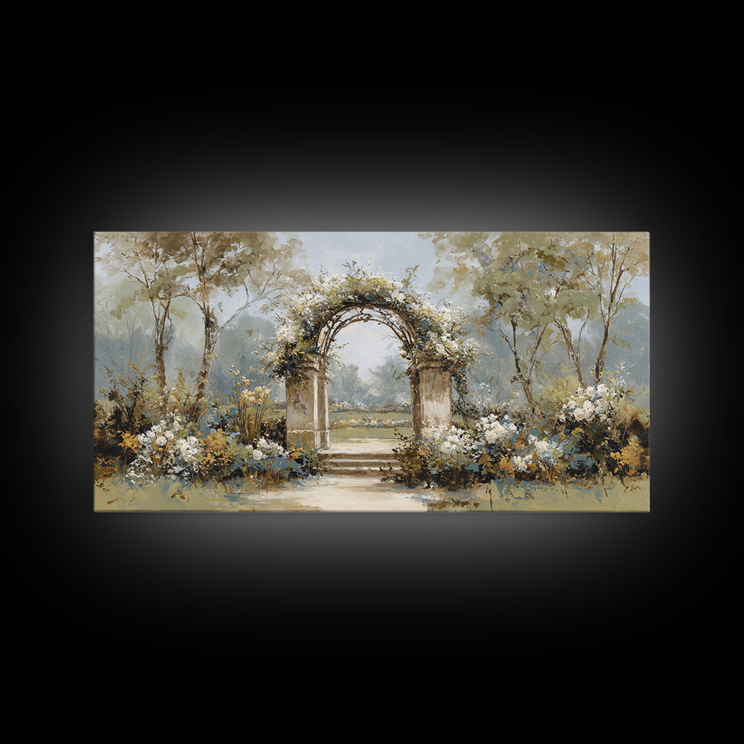 Romantic Garden Arch Covered Framed Canvas Print, Wedding Art, Neutral Decor, Living Room Decor, Oil Painting, Romance, WED-2x1-6