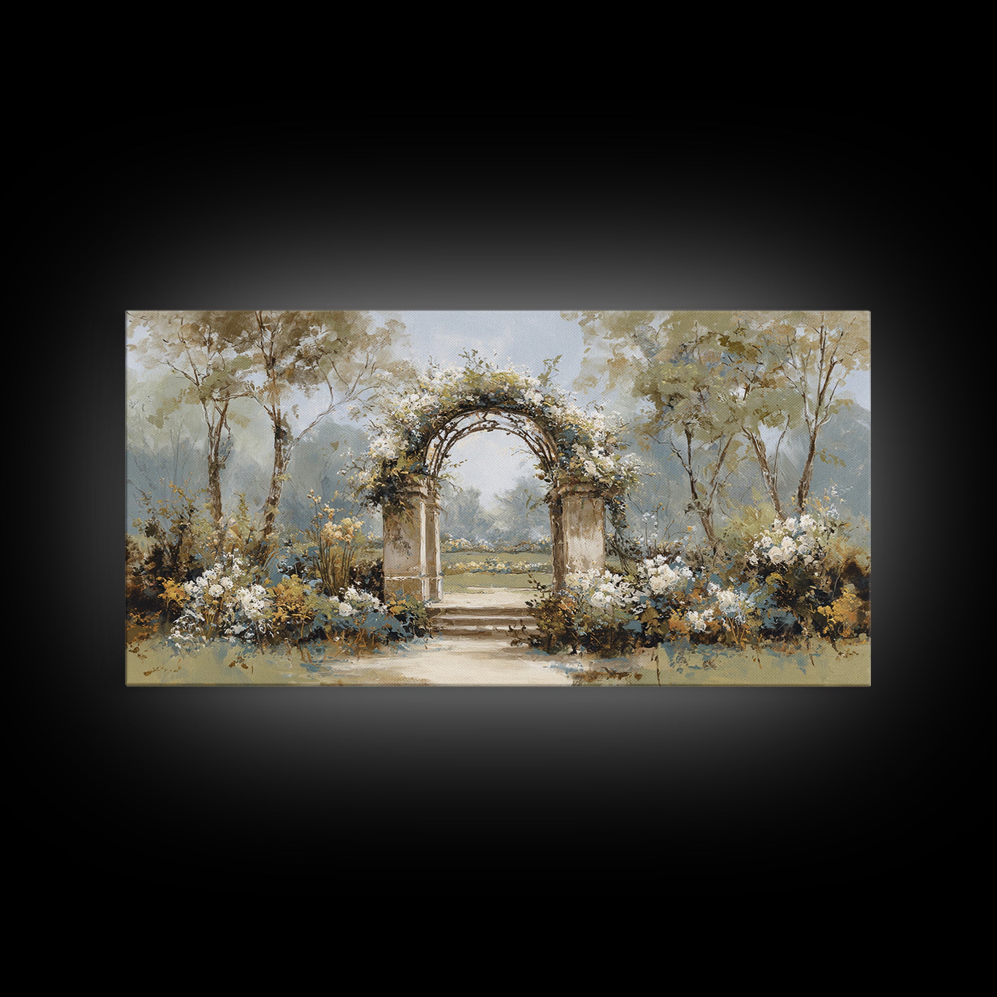 Romantic Garden Arch Covered Framed Canvas Print, Wedding Art, Neutral Decor, Living Room Decor, Oil Painting, Romance, WED-2x1-6