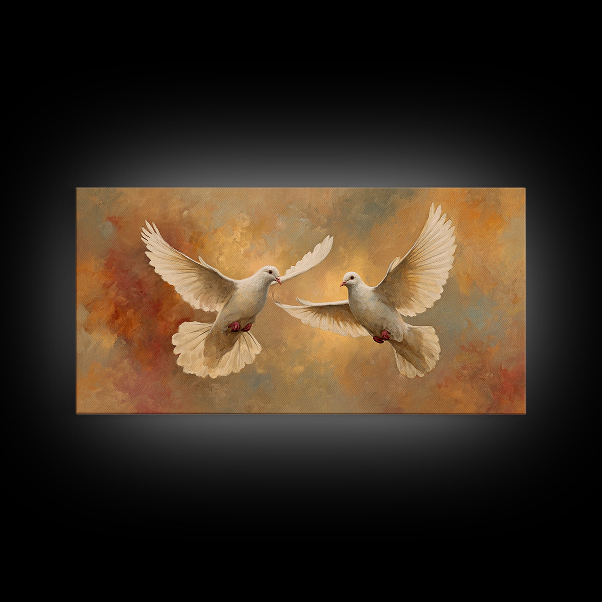 Doves Flying Through Soft Golden Light Framed Canvas Print, Wedding Art, Contemporary Art, Living Room Decor, Fine Art, Romance, WED-2x1-7