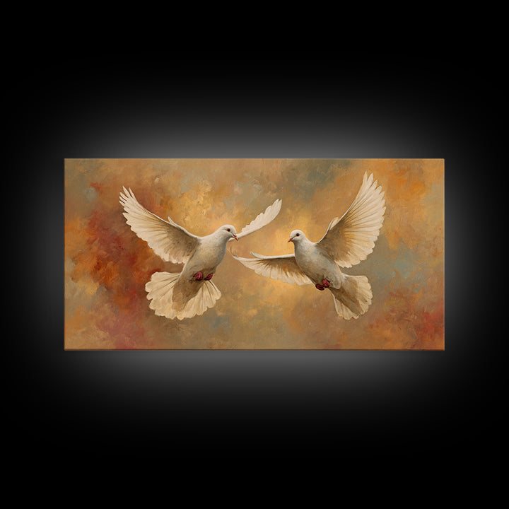 Doves Flying Through Soft Golden Light Framed Canvas Print, Wedding Art, Contemporary Art, Living Room Decor, Fine Art, Romance, WED-2x1-7