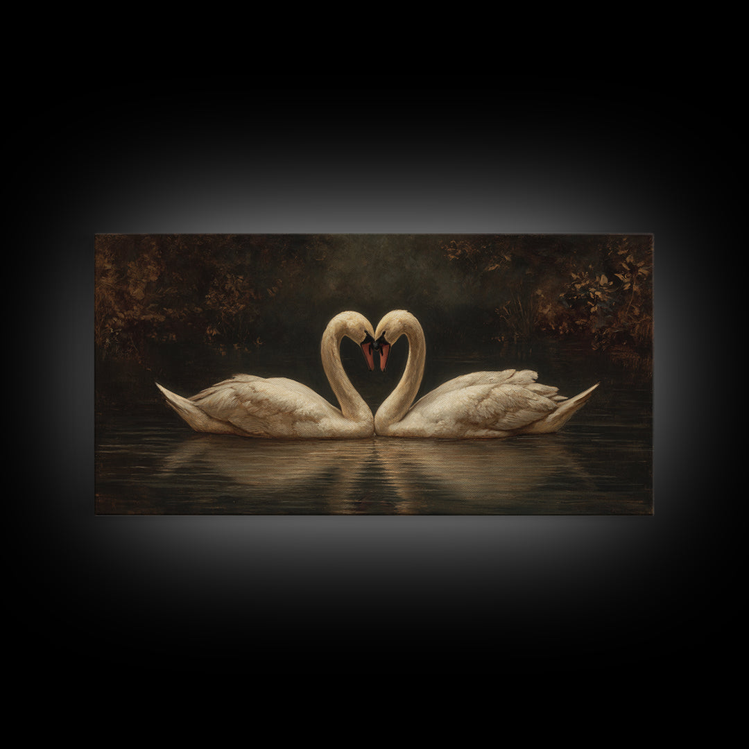 Two Swans Forming a Heart on Dark Canvas Print, Wedding Art, Minimalist Decor, Living Room Decor, Romance, Custom Painting, WED-2x1-70