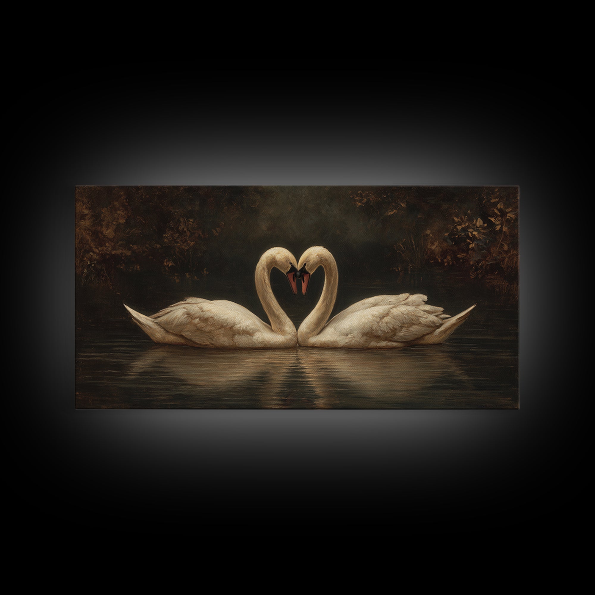 Two Swans Forming a Heart on Dark Canvas Print, Wedding Art, Minimalist Decor, Living Room Decor, Romance, Custom Painting, WED-2x1-70