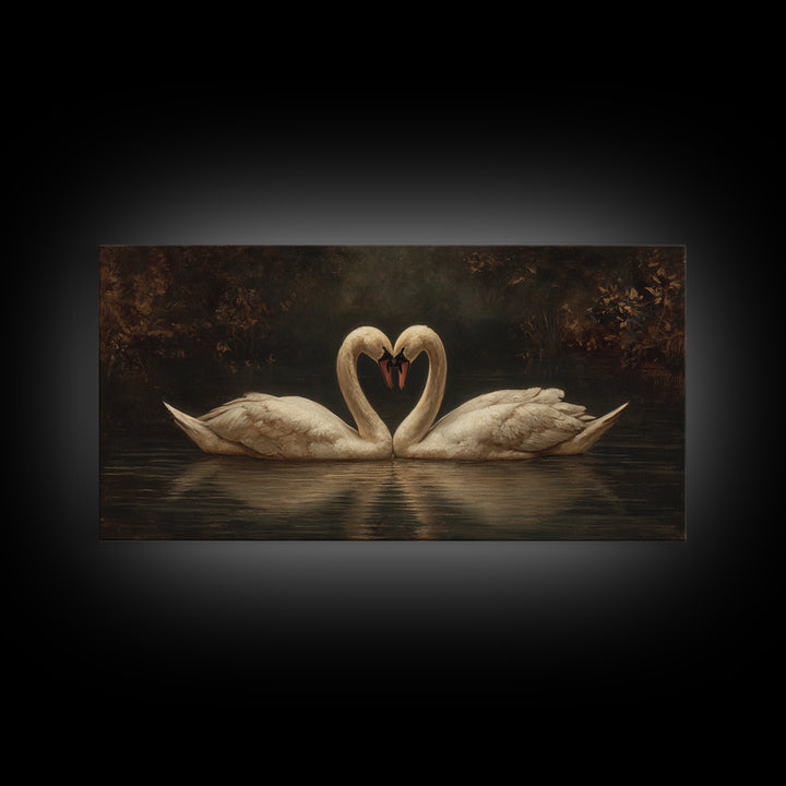 Two Swans Forming a Heart on Dark Canvas Print, Wedding Art, Minimalist Decor, Living Room Decor, Romance, Custom Painting, WED-2x1-70