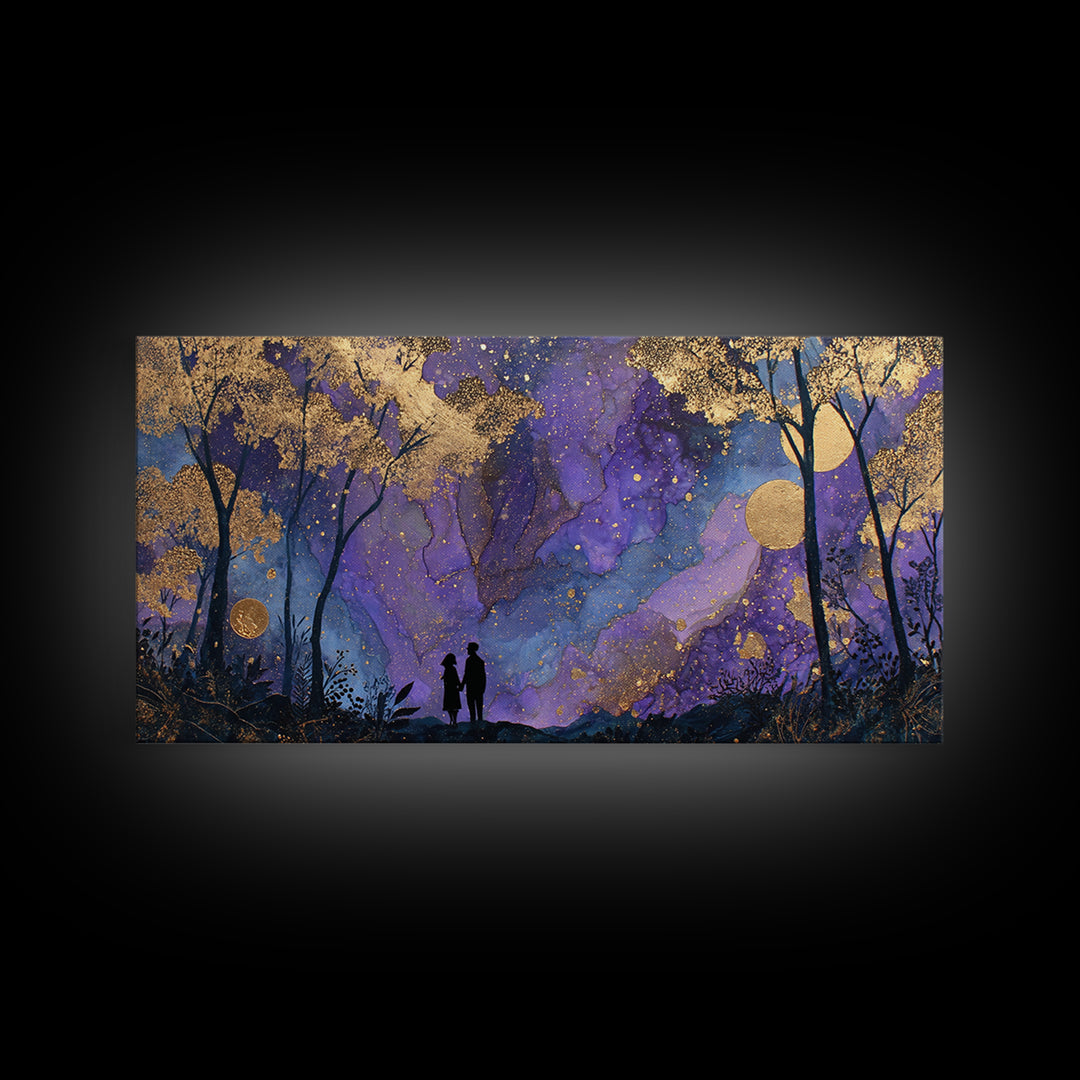 Couple Silhouette Beneath Moonlit Trees Canvas Print, Wedding Art, Art, Living Room Decor, Romance, Custom Wedding Gift, WED-2x1-73