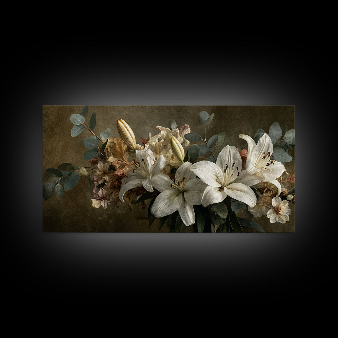 White Lilies and Eucalyptus Arrangement Canvas Print, Wedding Art, Wedding, Living Room Decor, Oil Painting, Romance, WED-2x1-77