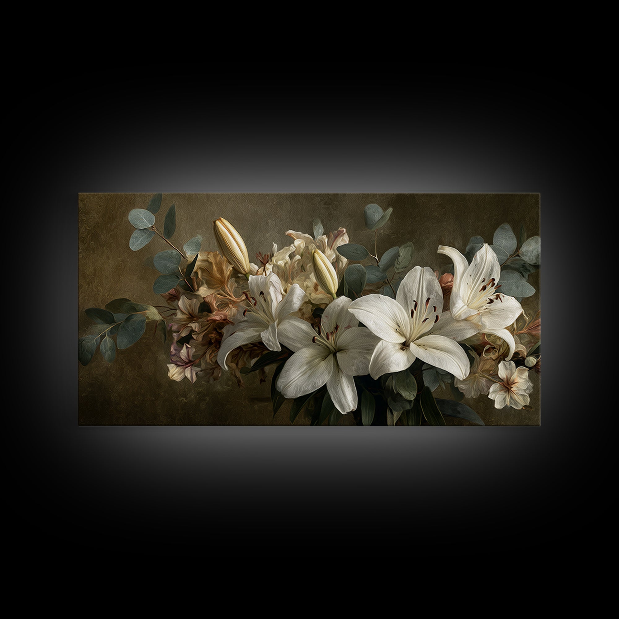 White Lilies and Eucalyptus Arrangement Canvas Print, Wedding Art, Wedding, Living Room Decor, Oil Painting, Romance, WED-2x1-77
