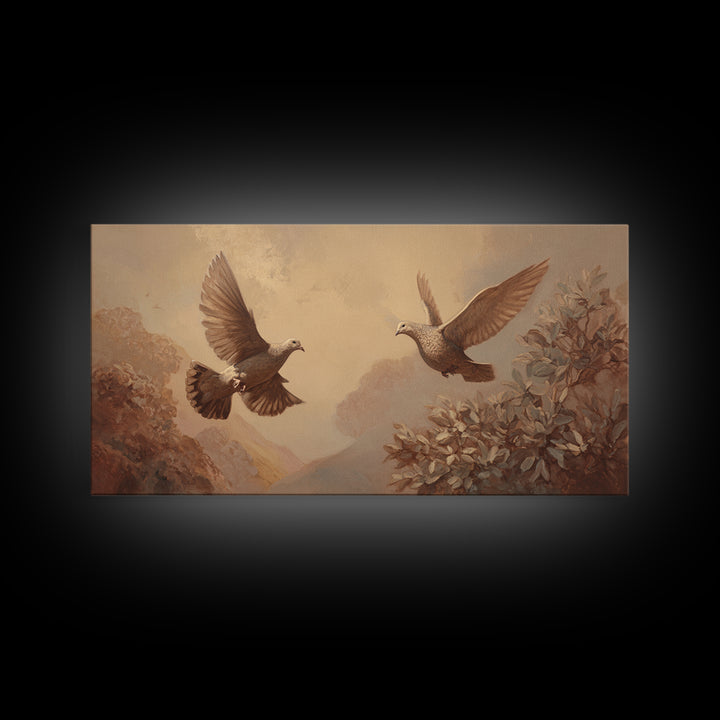 Doves Flying Through Soft Golden Light Framed Canvas Print, Wedding Art, Beach Wedding, Living Room Decor, Fine Art, Romance, WED-2x1-79