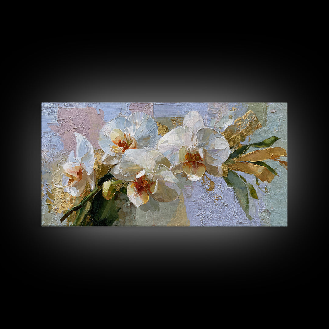 White Orchid and Gold Ribbon Composition Framed Canvas Print, Wedding Art, Custom Wedding Gift, Living Room Decor, Oil Painting, WED-2x1-92