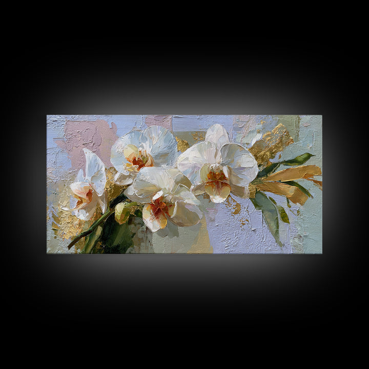 White Orchid and Gold Ribbon Composition Framed Canvas Print, Wedding Art, Custom Wedding Gift, Living Room Decor, Oil Painting, WED-2x1-92