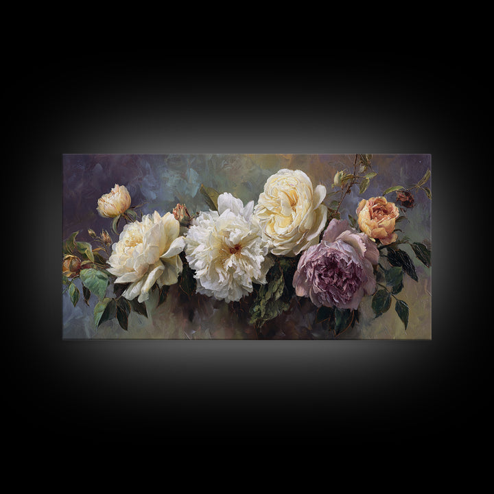 Romantic Bouquet of White Roses and Peonies Canvas Print, Wedding Art, Art Print, Living Room Decor, Fine Art, Romance, WED-2x1-93