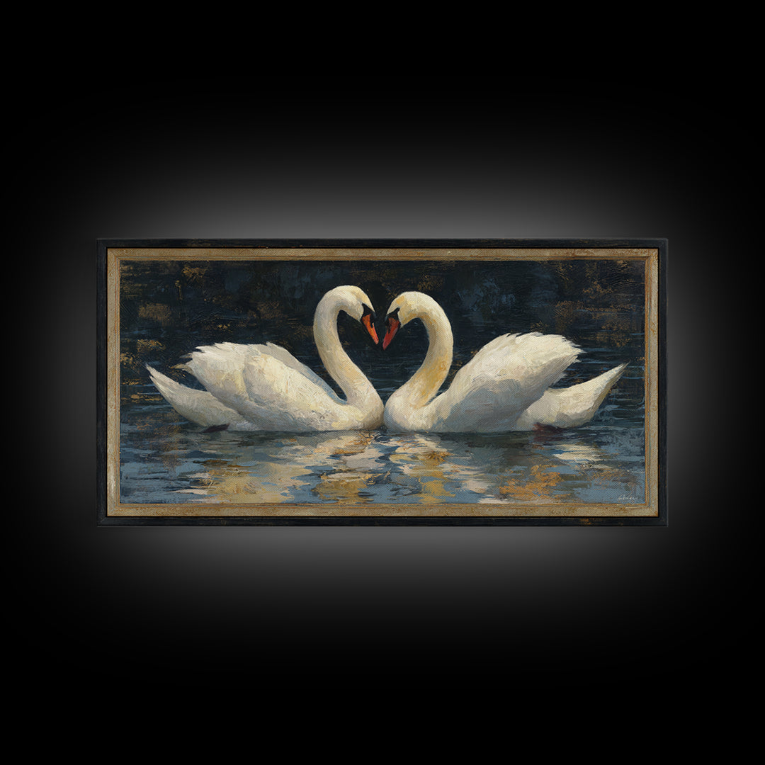 Two Swans Forming a Heart on Dark Canvas Print, Wedding Art, Minimalist Decor, Living Room Decor, Romance, Custom Painting, WED-2x1-94
