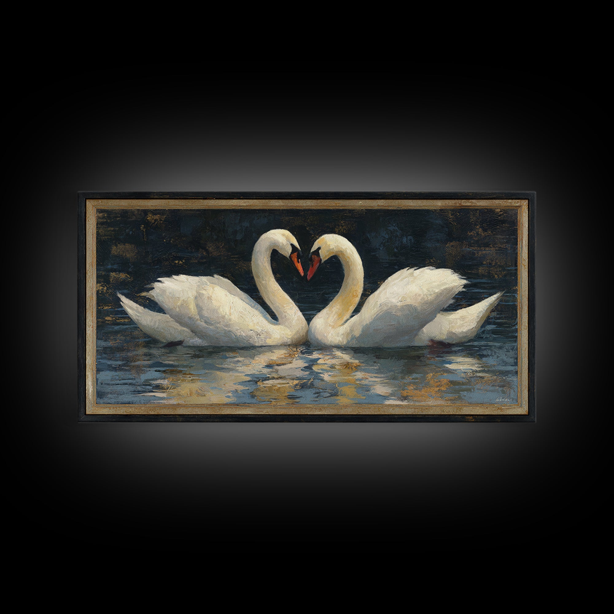 Two Swans Forming a Heart on Dark Canvas Print, Wedding Art, Minimalist Decor, Living Room Decor, Romance, Custom Painting, WED-2x1-94