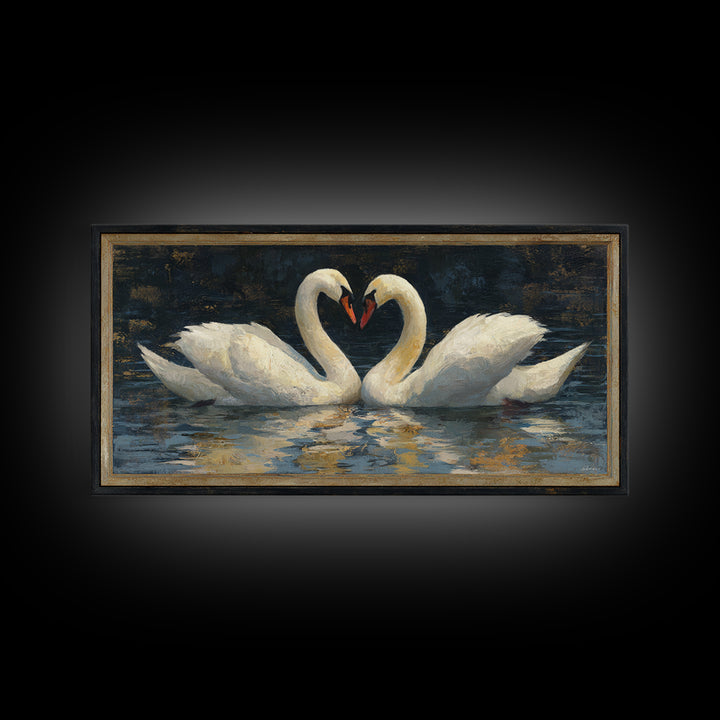 Two Swans Forming a Heart on Dark Canvas Print, Wedding Art, Minimalist Decor, Living Room Decor, Romance, Custom Painting, WED-2x1-94