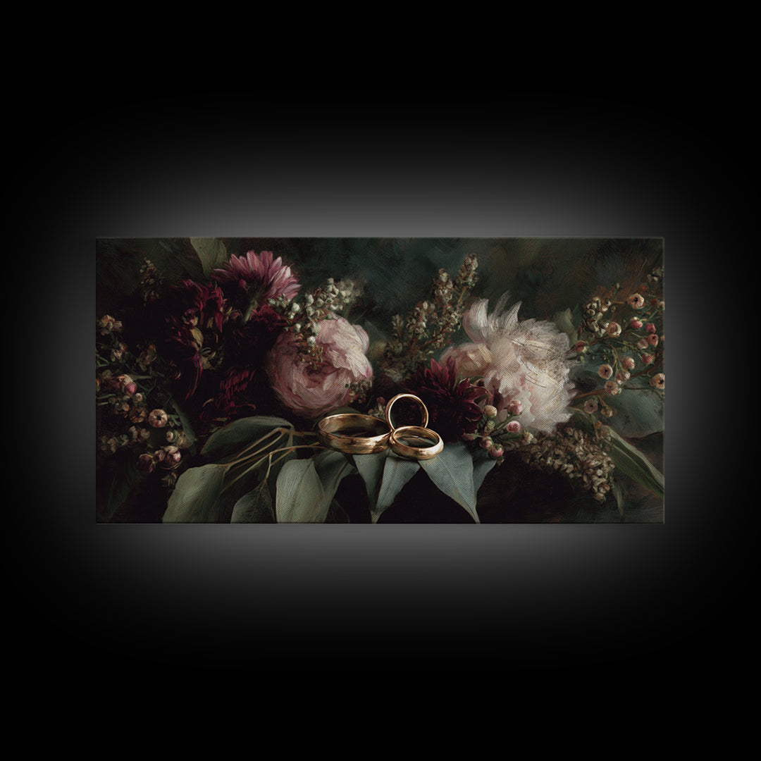 Gold Rings Resting on Velvet and Flowers Framed Canvas Print, Wedding Art, Personalized Art, Living Room Decor, Oil Painting, WED-2x1-95