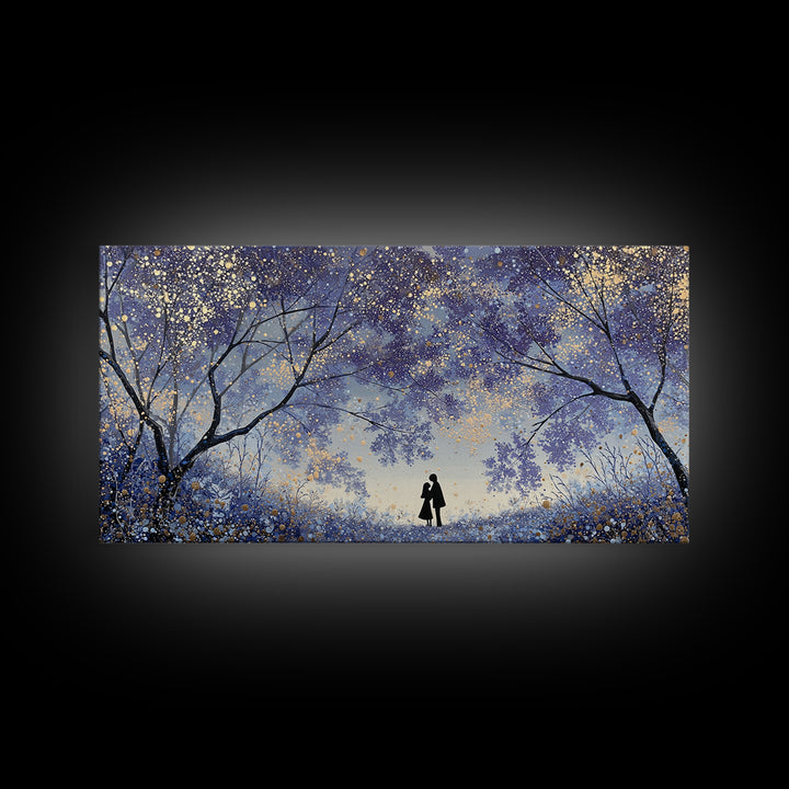 Couple Silhouette Beneath Moonlit Trees Framed Canvas Print, Wedding Art, Wedding Guest Book, Living Room Decor, Romance, WED-2x1-97