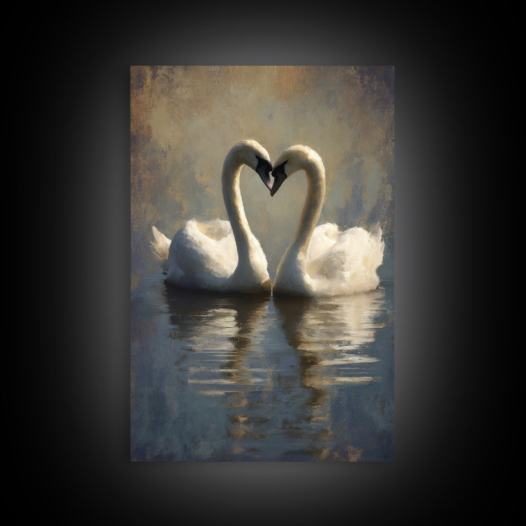 Two Swans Forming a Heart on Dark Canvas Print, Wedding Art, Wall Decor, Living Room Decor, Fine Art, Romance, Wedding Gift, WED-2x3-10