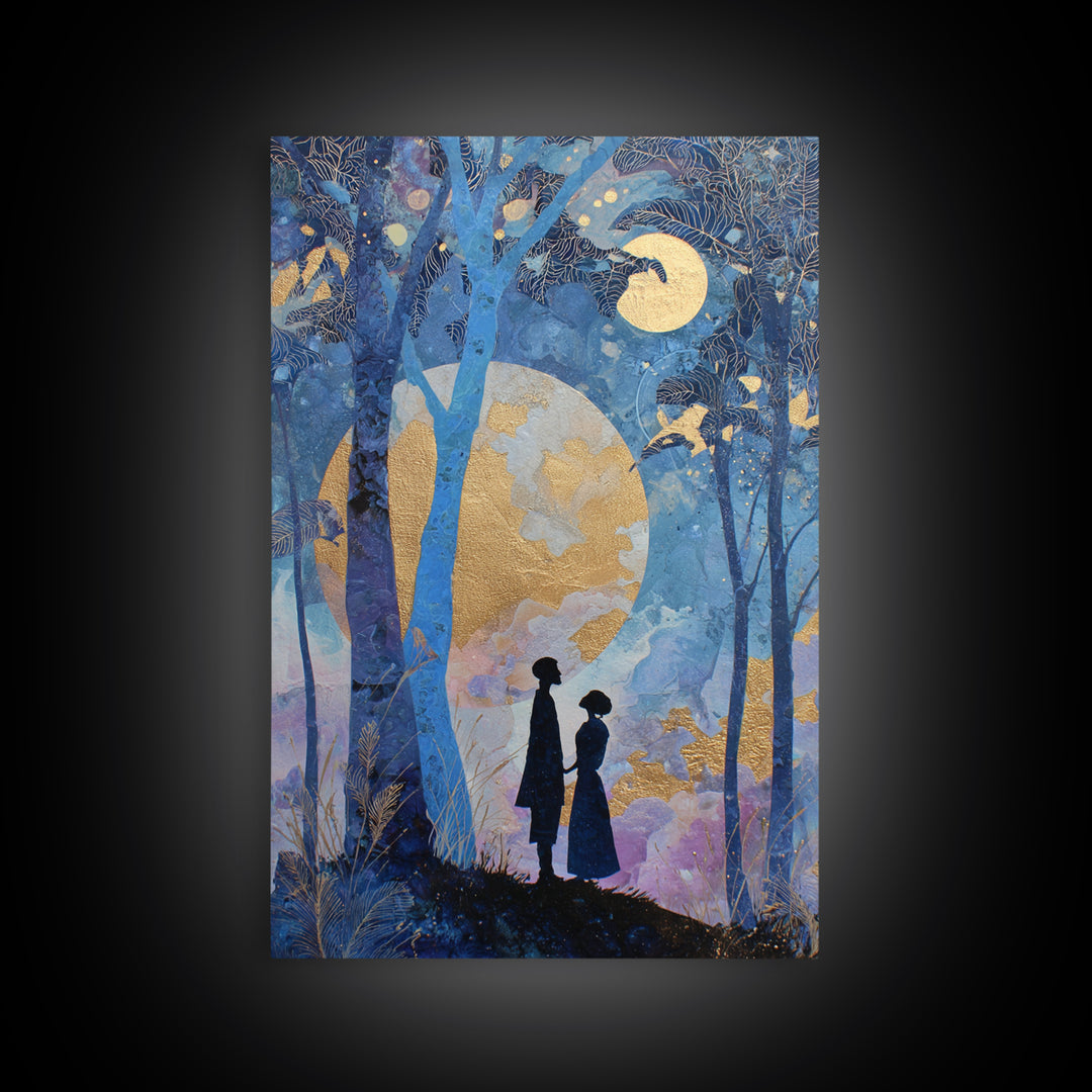 Couple Silhouette Beneath Moonlit Trees Framed Canvas Print, Wedding Art, Room Decor, Living Room Decor, Fine Art, Romance, WED-2x3-13