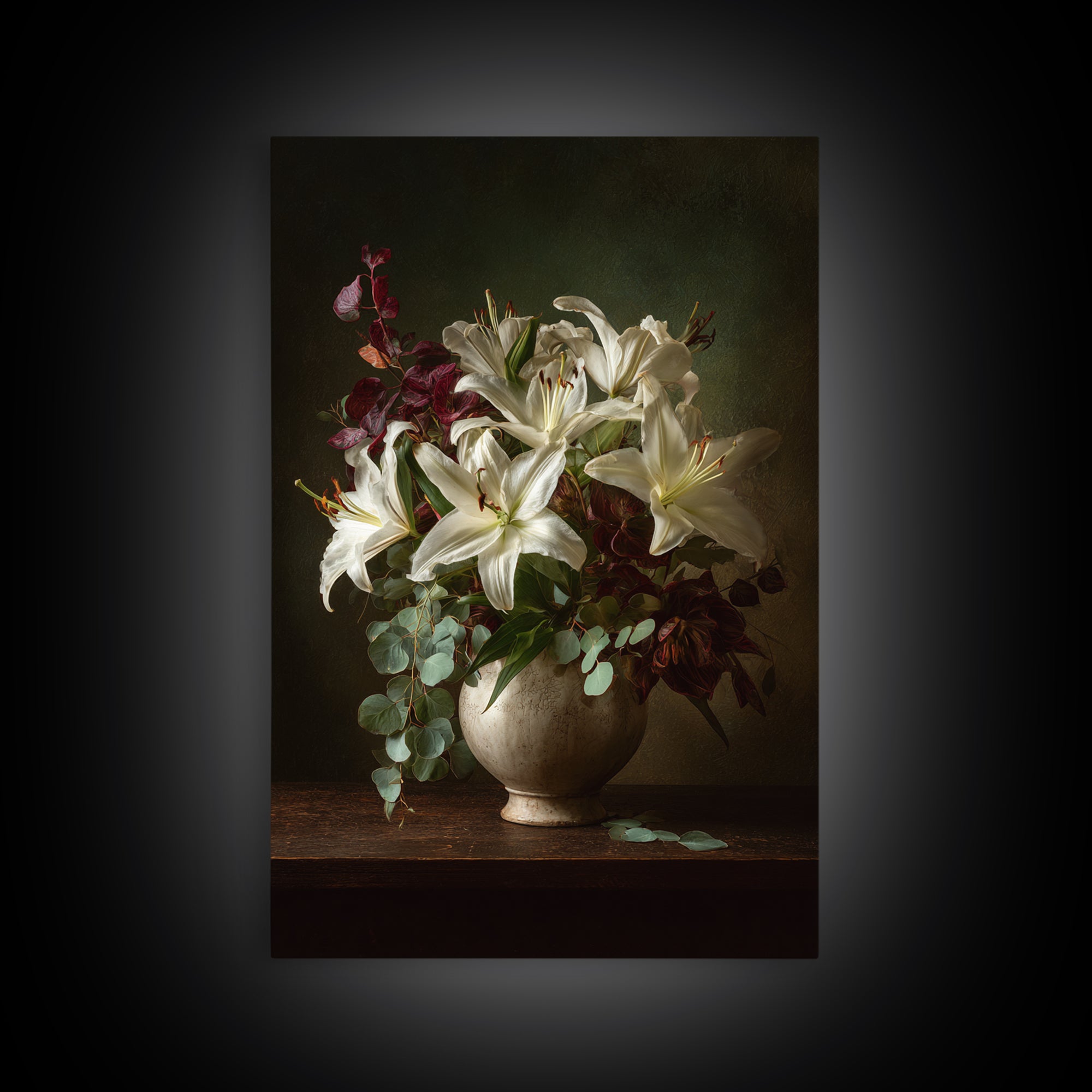White Lilies and Eucalyptus Arrangement Framed Canvas Print, Wedding Art, Living Room Decor, Abstract Art, Romance, WED-2x3-17