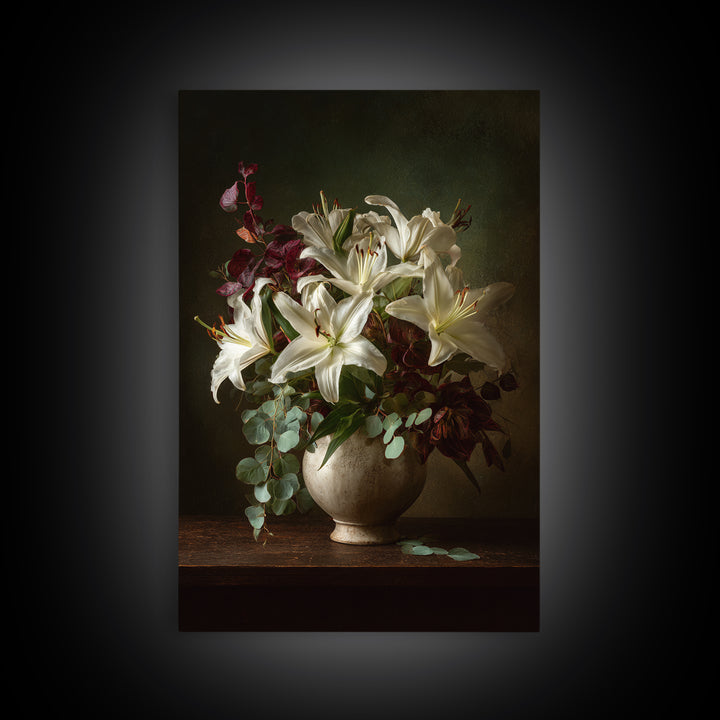 White Lilies and Eucalyptus Arrangement Framed Canvas Print, Wedding Art, Living Room Decor, Abstract Art, Romance, WED-2x3-17