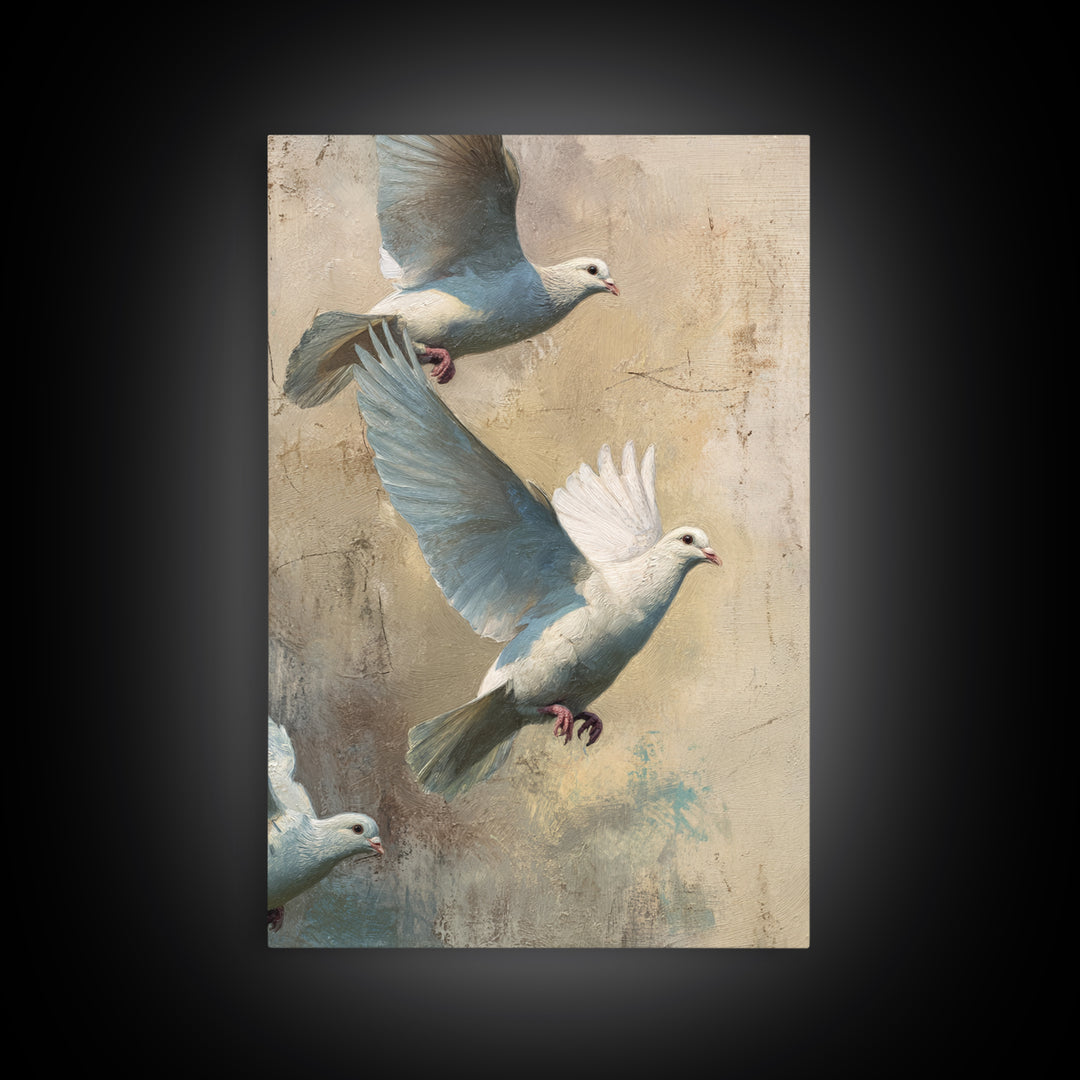 Doves Flying Through Soft Golden Light Framed Canvas Print, Wedding Art, Bride and Groom, Living Room Decor, Fine Art, Romance, WED-2x3-19
