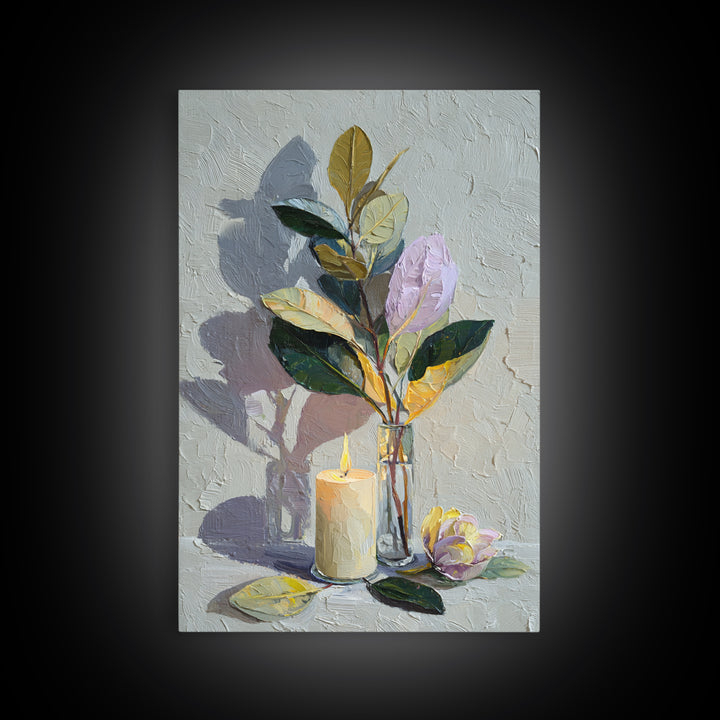 Romantic Candle and Floral Still Life Framed Canvas Print, Wedding Art, Gallery Decor, Living Room Decor, Oil Painting, Romance, WED-2x3-30