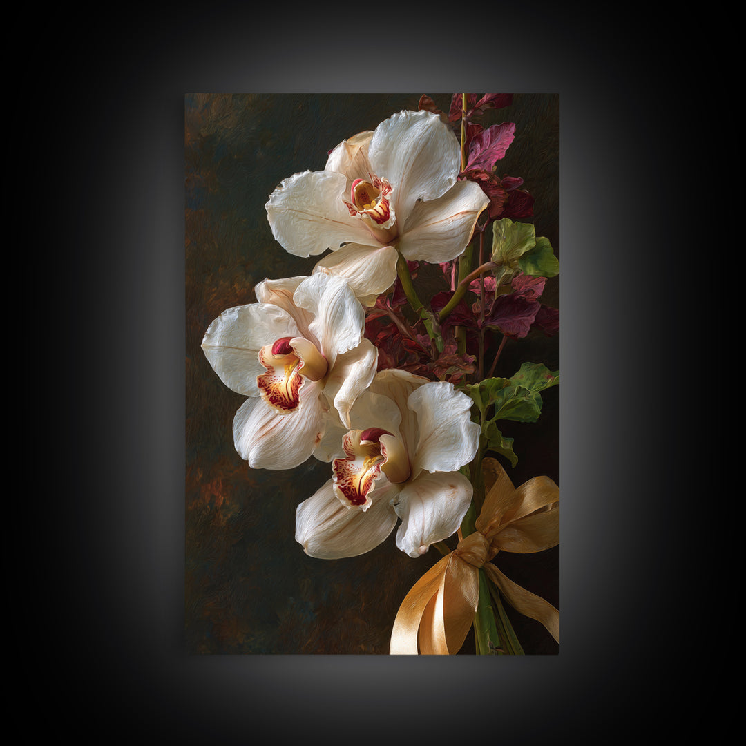 White Orchid and Gold Ribbon Composition Canvas Print, Wedding Art, Downloadable Art, Living Room Decor, Fine Art, Romance, WED-2x3-32