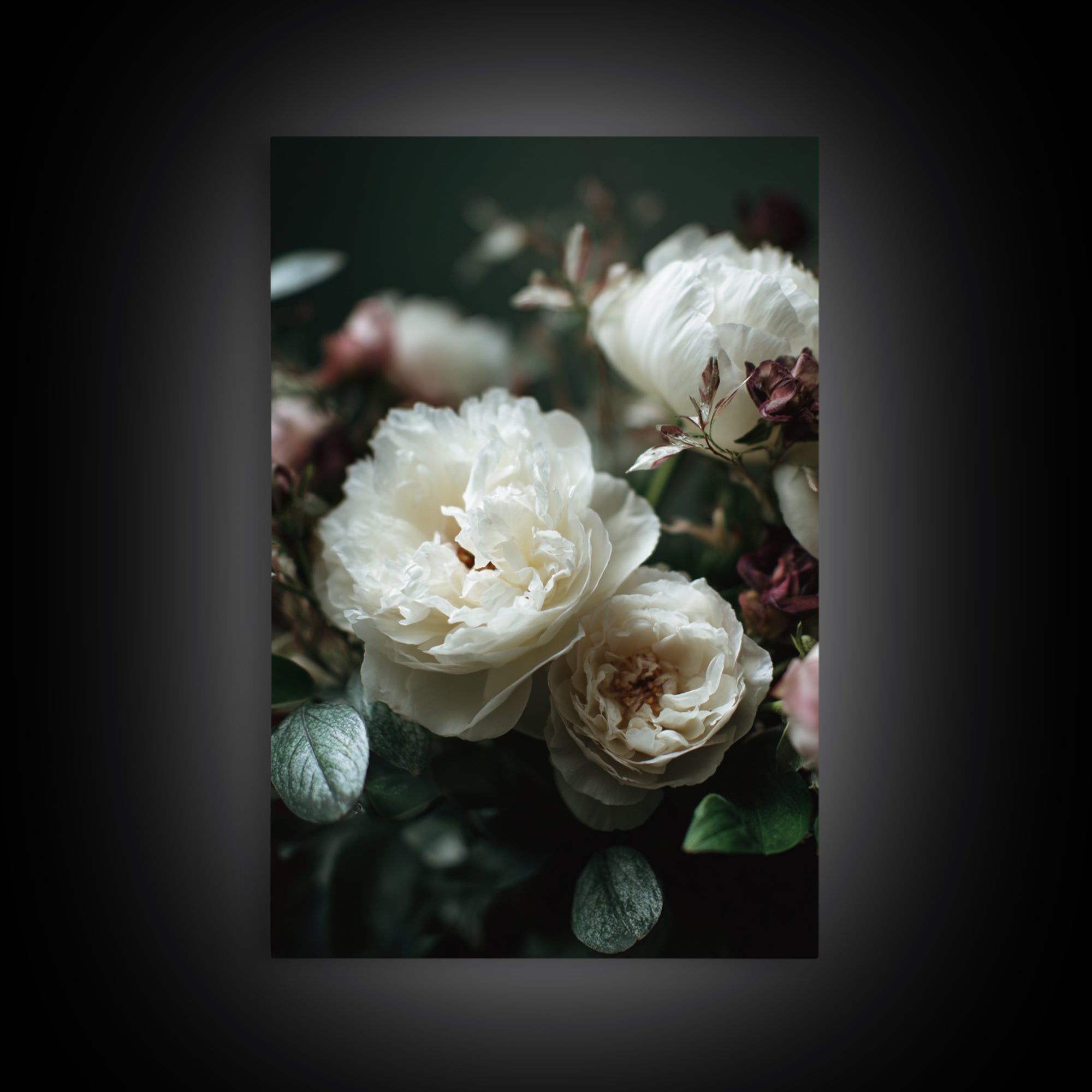 Romantic Bouquet of White Roses and Peonies Framed Canvas Print, Wedding Art, Art, Living Room Decor, Watercolor Art, Romance, WED-2x3-33