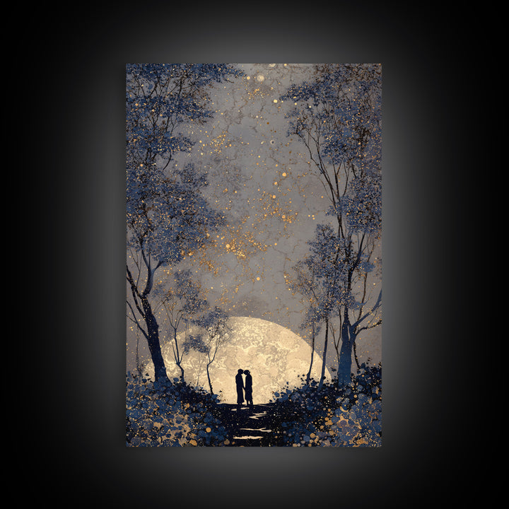 Couple Silhouette Beneath Moonlit Trees Framed Canvas Print, Wedding Art, Room Decor, Living Room Decor, Fine Art, Romance, WED-2x3-37