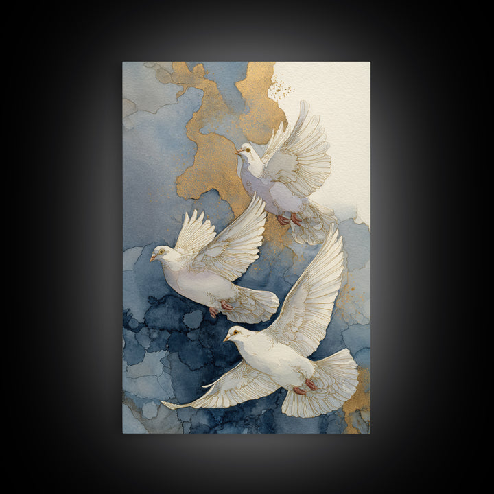 Doves Flying Through Soft Golden Light Framed Canvas Print, Wedding Art, Wall Decor, Living Room Decor, Fine Art, Romance, WED-2x3-43