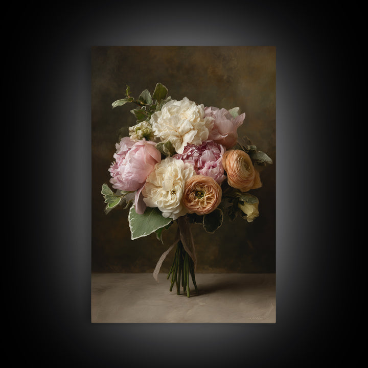 Peony and Ranunculus Bouquet Framed Canvas Print, Wedding Art, Personalized Wedding, Living Room Decor, Fine Art, Romance, WED-2x3-52